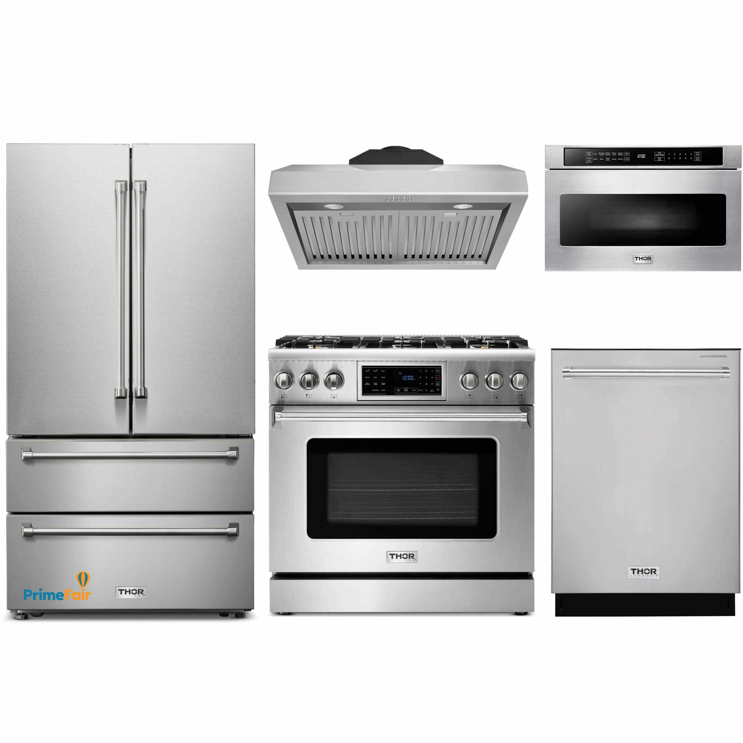 Thor Kitchen 5-Piece Appliance Package - 36-Inch GAS Range, Refrigerator, Wall Mount Hood, Dishwasher, and Wine Cooler in Stainless Steel